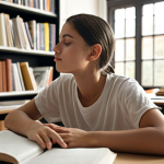 ** A student calmly practicing deep breathing exercises in a quiet, organized study space filled with books and notes. Soft, natural light fills the room. Focus on the student's peaceful expression.

**