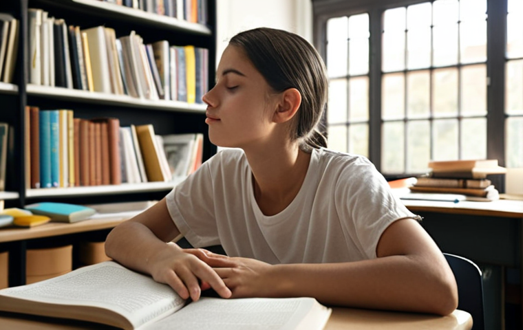 ** A student calmly practicing deep breathing exercises in a quiet, organized study space filled with books and notes. Soft, natural light fills the room. Focus on the student's peaceful expression.
**