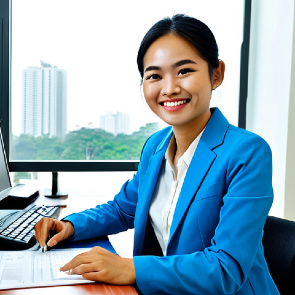 **
A young Vietnamese woman in professional office attire, fully clothed, sitting at a desk in a modern, brightly lit office in Ho Chi Minh City. She is smiling and engaged in her work, possibly looking at a computer screen or reviewing documents. The office environment is clean and organized. Safe for work, appropriate content, professional, modest, perfect anatomy, correct proportions, well-formed hands, natural pose, high quality.
**