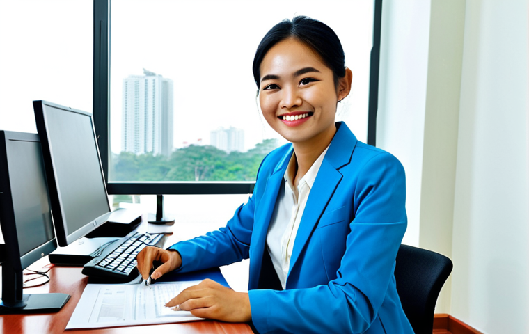 **
A young Vietnamese woman in professional office attire, fully clothed, sitting at a desk in a modern, brightly lit office in Ho Chi Minh City. She is smiling and engaged in her work, possibly looking at a computer screen or reviewing documents. The office environment is clean and organized. Safe for work, appropriate content, professional, modest, perfect anatomy, correct proportions, well-formed hands, natural pose, high quality.
**
