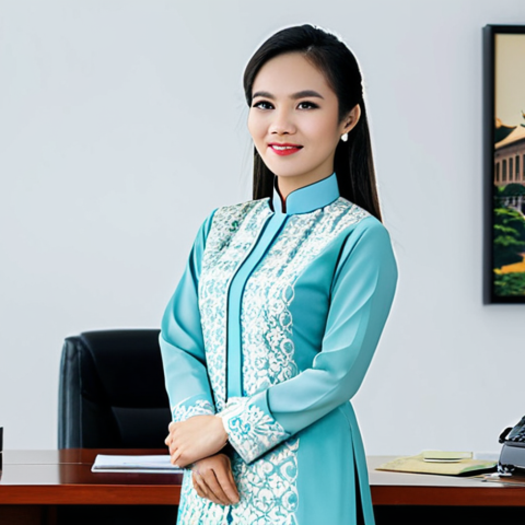**
"A confident young Vietnamese professional woman, wearing a stylish and modest Ao Dai in a modern office setting in Ho Chi Minh City, fully clothed, appropriate attire, safe for work, perfect anatomy, natural pose, professional photography, high quality, modern decor, family-friendly."
**