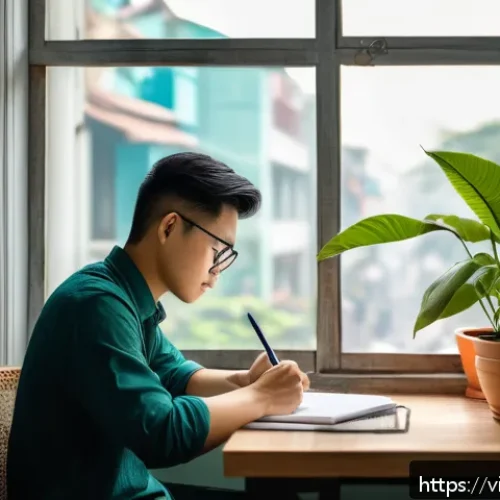 Home 32 심리학적 접근으로 성과를 향상시키는 방법 - A modern Vietnamese home office scene in the morning with a young professional organizing a tidy woo...