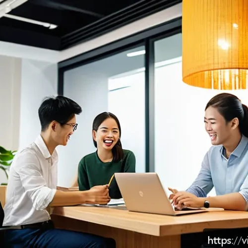 Home 31 성과 심리학에서의 긍정적 피드백 활용하기 - A modern Vietnamese office environment showing a diverse team of young professionals engaged in a po...