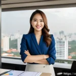 Home 18 성과 심리학에서의 자기 효능감 - A confident young Vietnamese professional woman in smart business attire, standing in a modern offic...