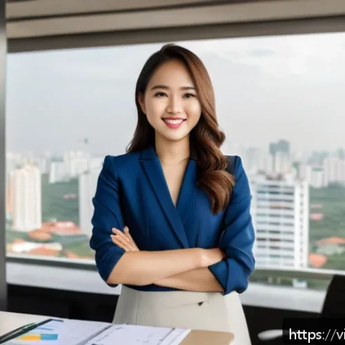 Home 30 성과 심리학에서의 자기 효능감 - A confident young Vietnamese professional woman in smart business attire, standing in a modern offic...