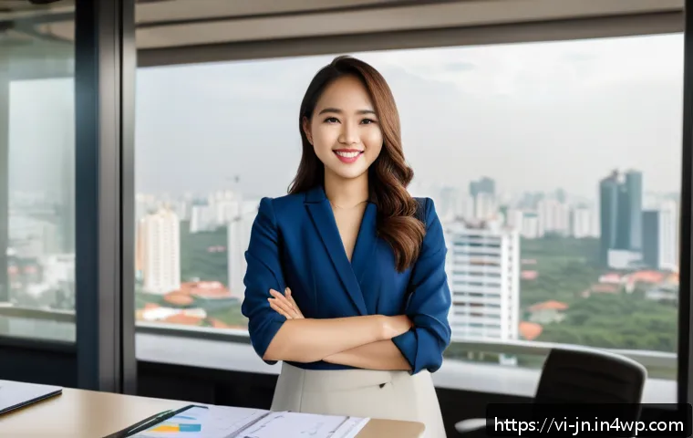 성과 심리학에서의 자기 효능감 - A confident young Vietnamese professional woman in smart business attire, standing in a modern offic...