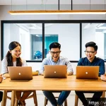 Home 23 성과 심리학의 적용 사례 분석 - A modern Vietnamese startup office scene showing diverse young professionals collaborating enthusias...