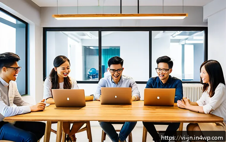 성과 심리학의 적용 사례 분석 - A modern Vietnamese startup office scene showing diverse young professionals collaborating enthusias...