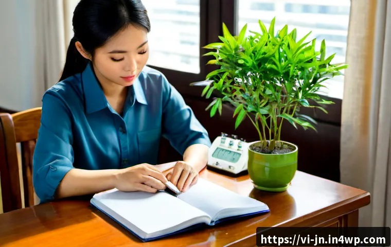 Home 17 성과 달성을 위한 마음 챙김 기법 - Photorealistic Vietnamese professional practicing mindfulness before work, seated upright at a clean...